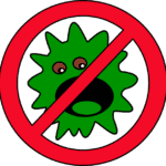 A cartoon style illustration of a green mold spore with eyes and a large mouth inside a red prohibition sign, indicating no mold allowed.