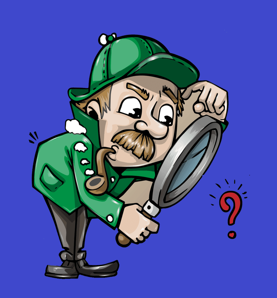 An animated detective in a green outfit and hat inspecting something on the ground through a magnifying glass, with a question mark nearby, possibly indicating mold removal, against a blue background.