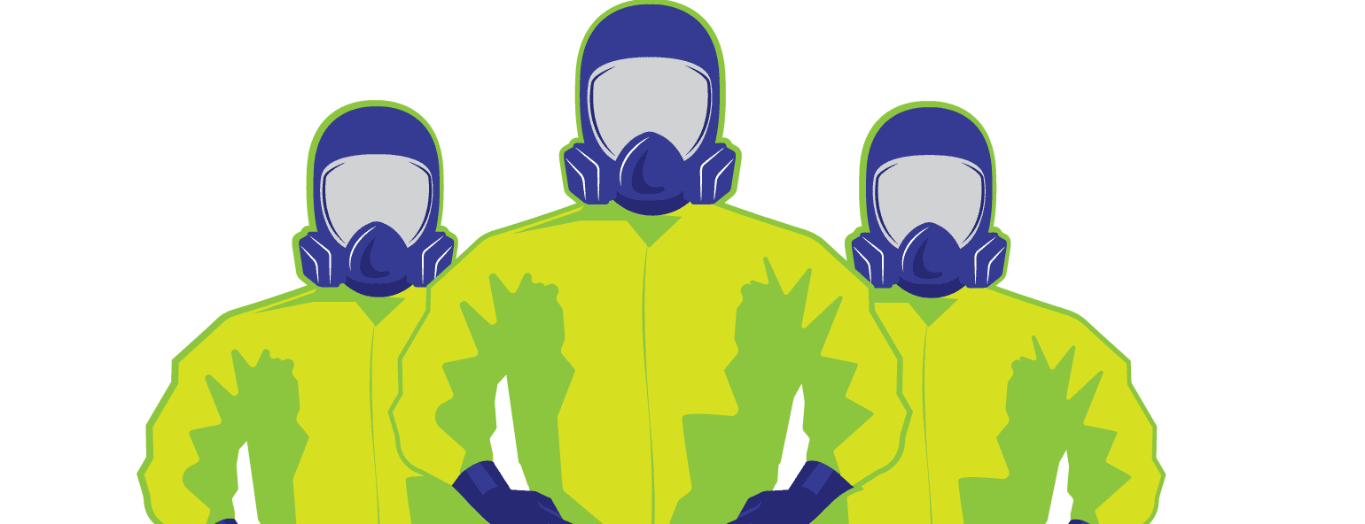 Three people in bright yellow hazmat suits and blue respirators, specializing in mold removal, stand together against a green background. They face away, showing their backs.