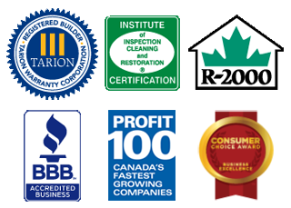 A collage of six logos from various organizations, including Tarion, Institute of Inspection Cleaning and Restoration specializing in Water Damage Restoration, R2000, BBB Accredited Business, Profit 100, and Consumer