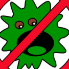 A graphic of a green virus with eyes peeks through a leaf-like form, crossed out by a red prohibition symbol. This indicates a "no virus" or mold removal concept.