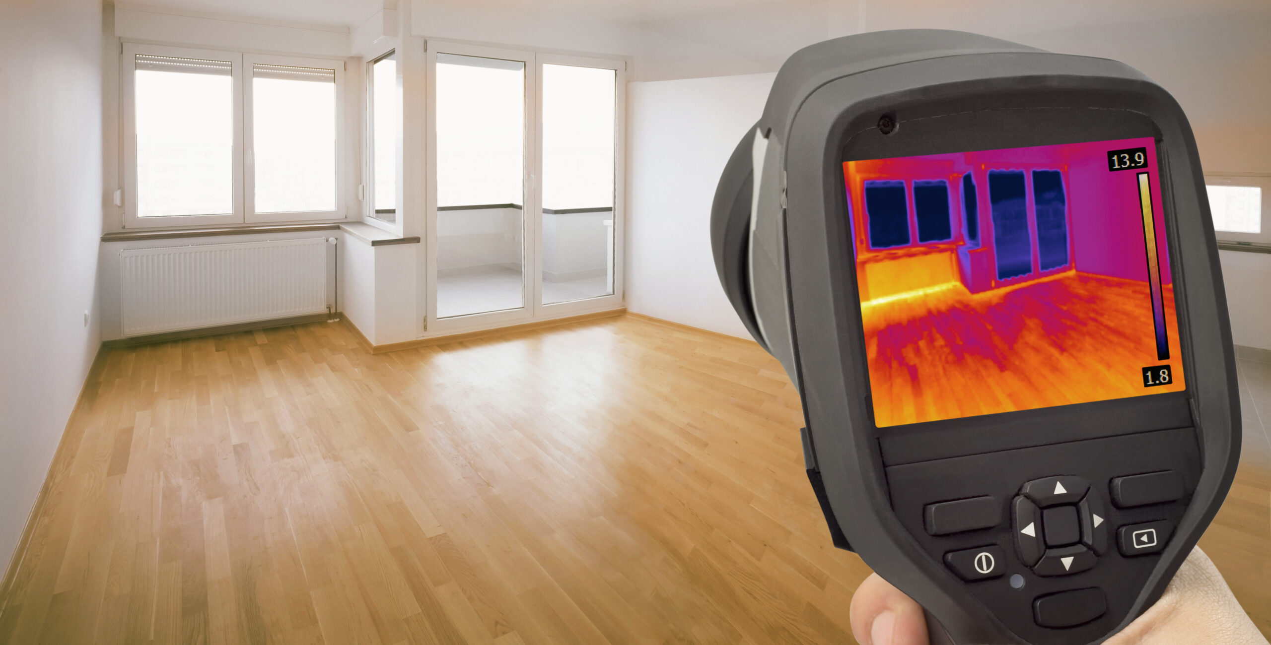 Thermal imaging camera display showing heat loss in a modern empty room with wooden flooring and large windows, as part of an assessment for water damage restoration. The room is otherwise unfurnished.